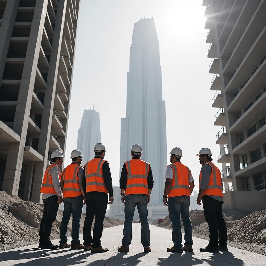 A bustling construction site in Dubai at midday, showcasing a diverse team of project managers in hard hats and safety vests overseeing the construction of a modern skyscraper, under a clear, sunny sky.